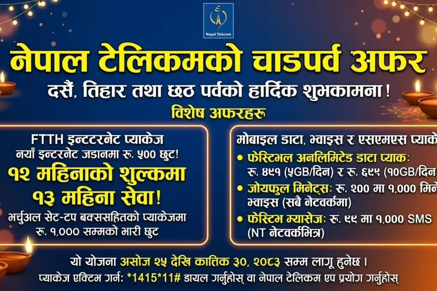 चाडपर्वमा नेपाल टेलिकमको बम्पर अफर: इन्टरनेट जडानमा रु. ५०० छुट, १२ महिनाको शुल्कमा १३ महिना सेवा