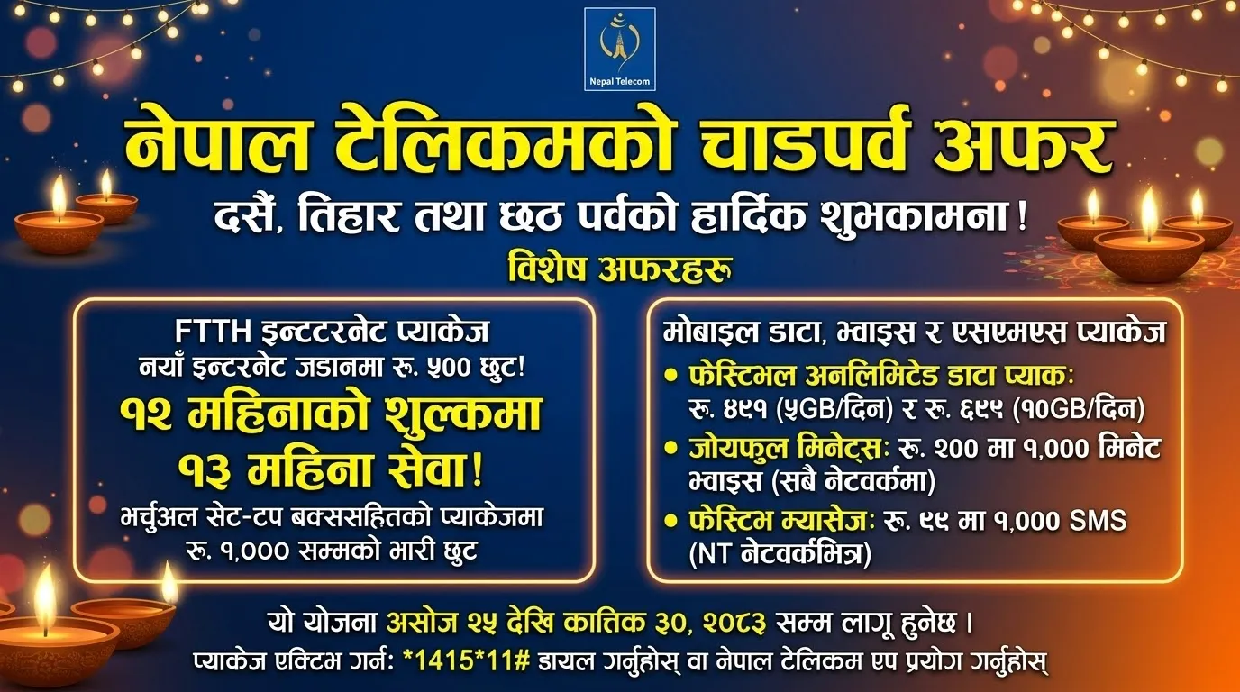 चाडपर्वमा नेपाल टेलिकमको बम्पर अफर: इन्टरनेट जडानमा रु. ५०० छुट, १२ महिनाको शुल्कमा १३ महिना सेवा